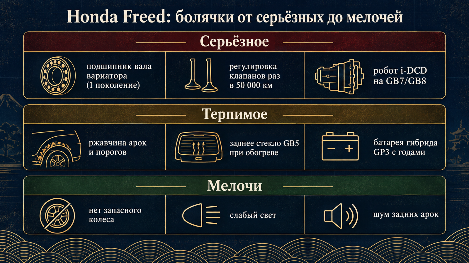 Инфографика: болячки Honda Freed от серьёзных до мелочей