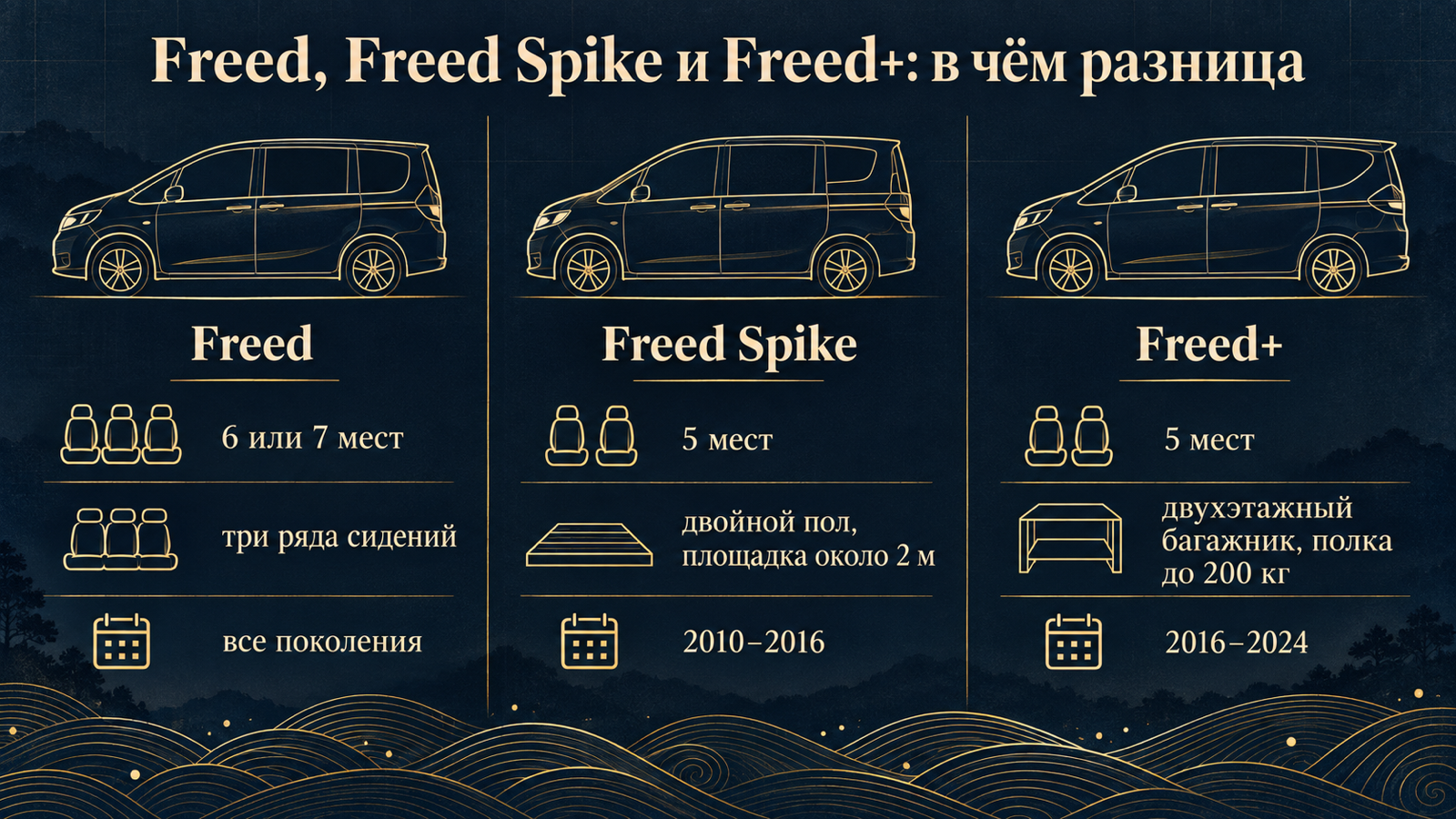 Инфографика: чем отличаются Honda Freed, Freed Spike и Freed+