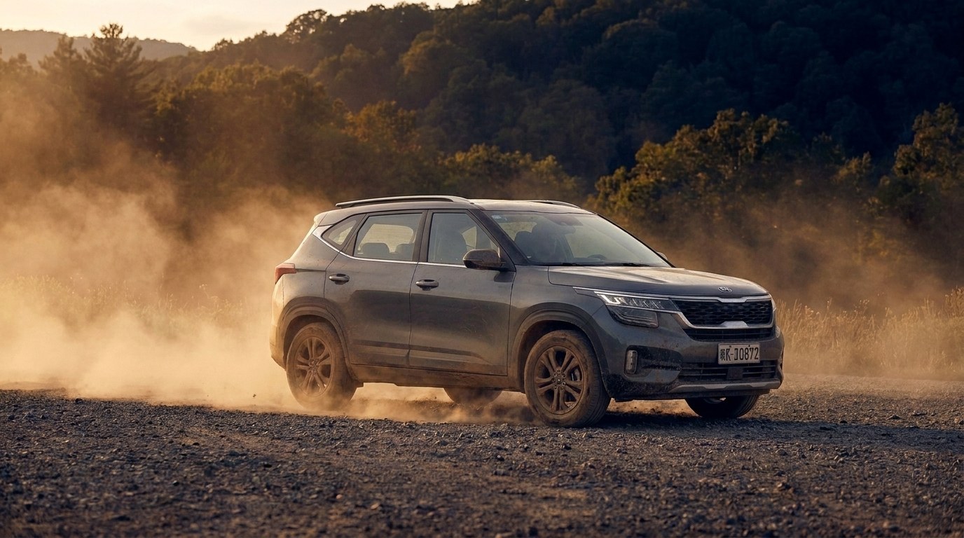 Kia Seltos на гравийной дороге у сопок, высокий клиренс в деле