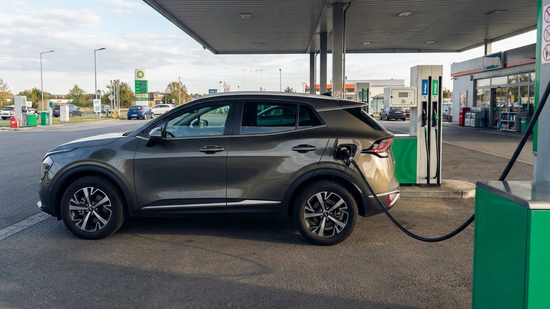 Kia Sportage заправляется газом на АЗС, заводская версия LPG