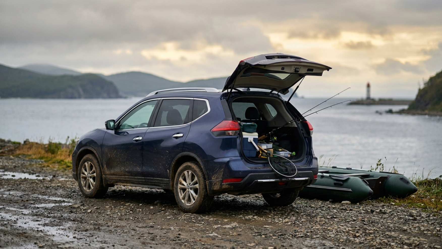 X-Trail с рыбацким снаряжением на грунтовке у бухты — полный привод и клиренс в деле