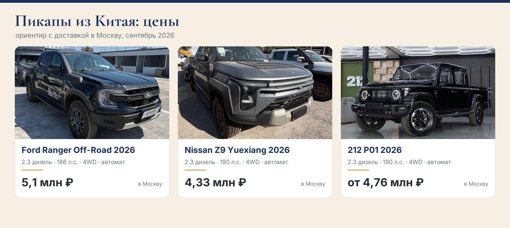 Пикапы из Китая: Ford Ranger Off-Road, Nissan Z9 и 212 P01 с ценами в Москву