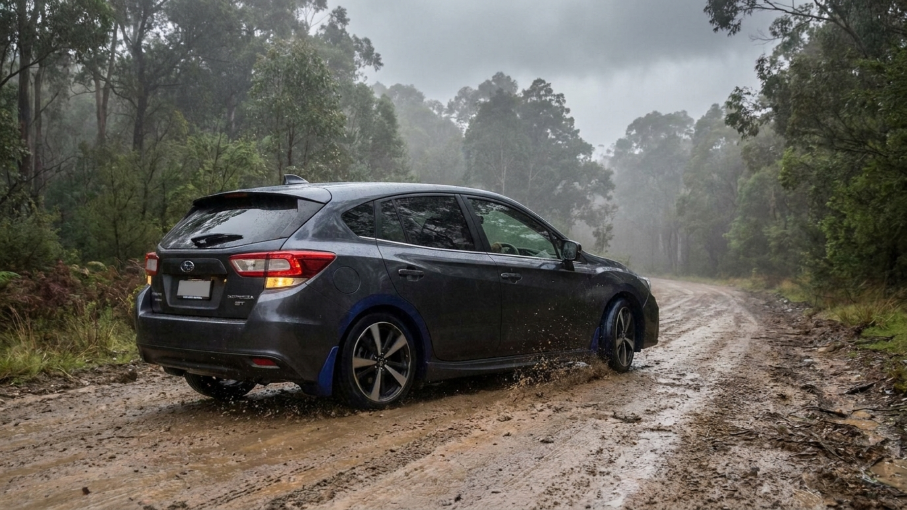 Subaru Impreza GT уверенно идёт по мокрой просёлочной дороге, симметричный полный привод в работе